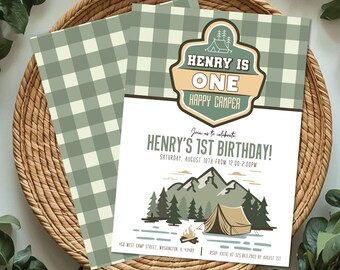 ONE Happy Camper 1st Birthday Invitation | Woodland Camping Party Invite (Digital Download)