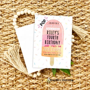 Popsicle Birthday Invitation, Editable Swim Party Invite, Pop On Over Chill With Us Birthday Party, Pink Girl Popsicle Ice Cream Party