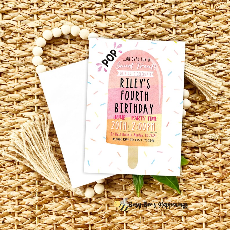 Popsicle Birthday Invitation, Editable Swim Party Invite, Pop On Over Chill With Us Birthday Party, Pink Girl Popsicle Ice Cream Party