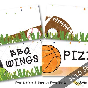 May include: Four food tent cards with sports themes. Designs include a baseball, football, soccer ball, tennis ball, and basketball. Text includes "BBQ WINGS" and "PIZZA". The cards are white with green grass and colorful accents.