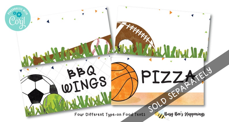 May include: Four food tent cards with sports themes. Designs include a baseball, football, soccer ball, tennis ball, and basketball. Text includes "BBQ WINGS" and "PIZZA". The cards are white with green grass and colorful accents.