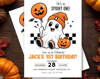 He's a Spooky One Birthday Invitation, Ghost 1st Birthday Invite, Halloween First Birthday Party, Boo Baby