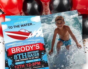 Red Speed Boat Birthday Invitation, Nautical Lake Bash Party (Digital Download) On the Lake Invite