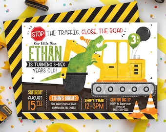 T-Rex Construction Birthday Invitation, Dinosaur Backhoe Birthday Invite, Construction Dino Birthday Party, Digging Birthday Invitation