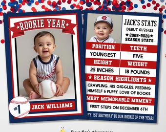 Carte personnalisée de baseball recrue : souvenir du 1er anniversaire
