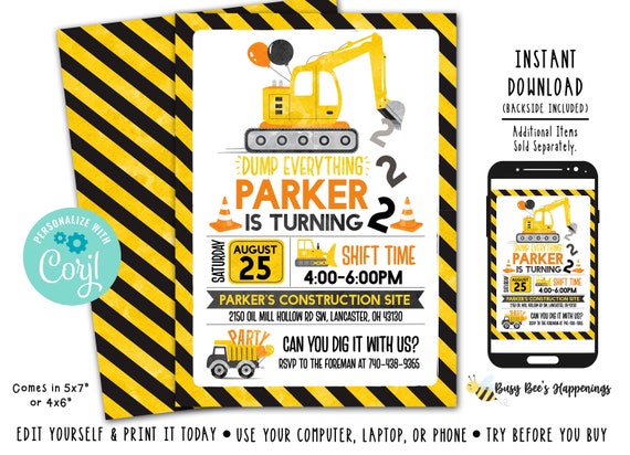 Construction Birthday Invitation Backhoe Construction Invite Construction Invite Construction Party Digital File by Busy bee/'s Happenings