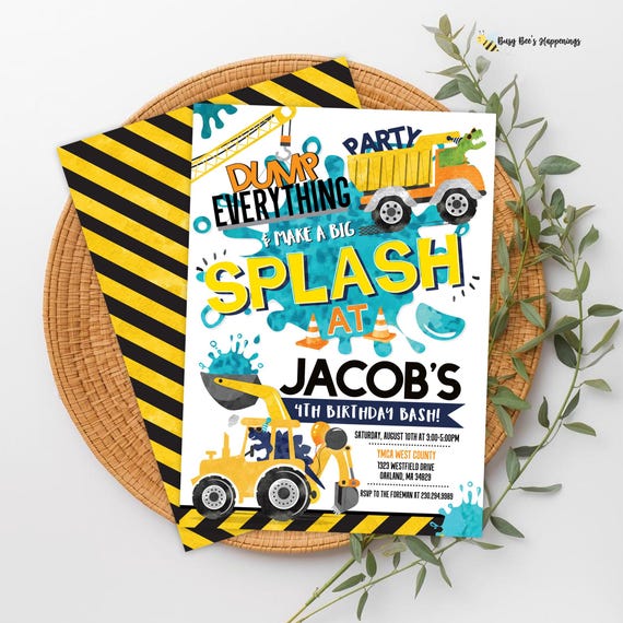 Construction Dinosaur Splash Birthday Invitation: Editable Pool Party (Digital Download)
