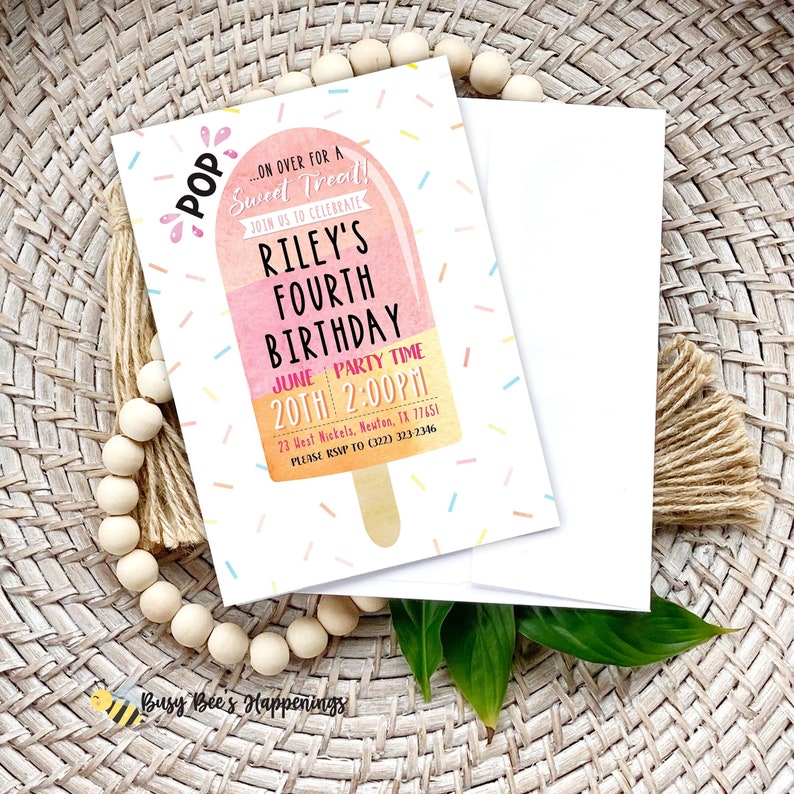 Popsicle Birthday Invitation, Editable Swim Party Invite, Pop On Over, Chill With Us Birthday Party, Pink Girl Popsicle Ice Cream Party