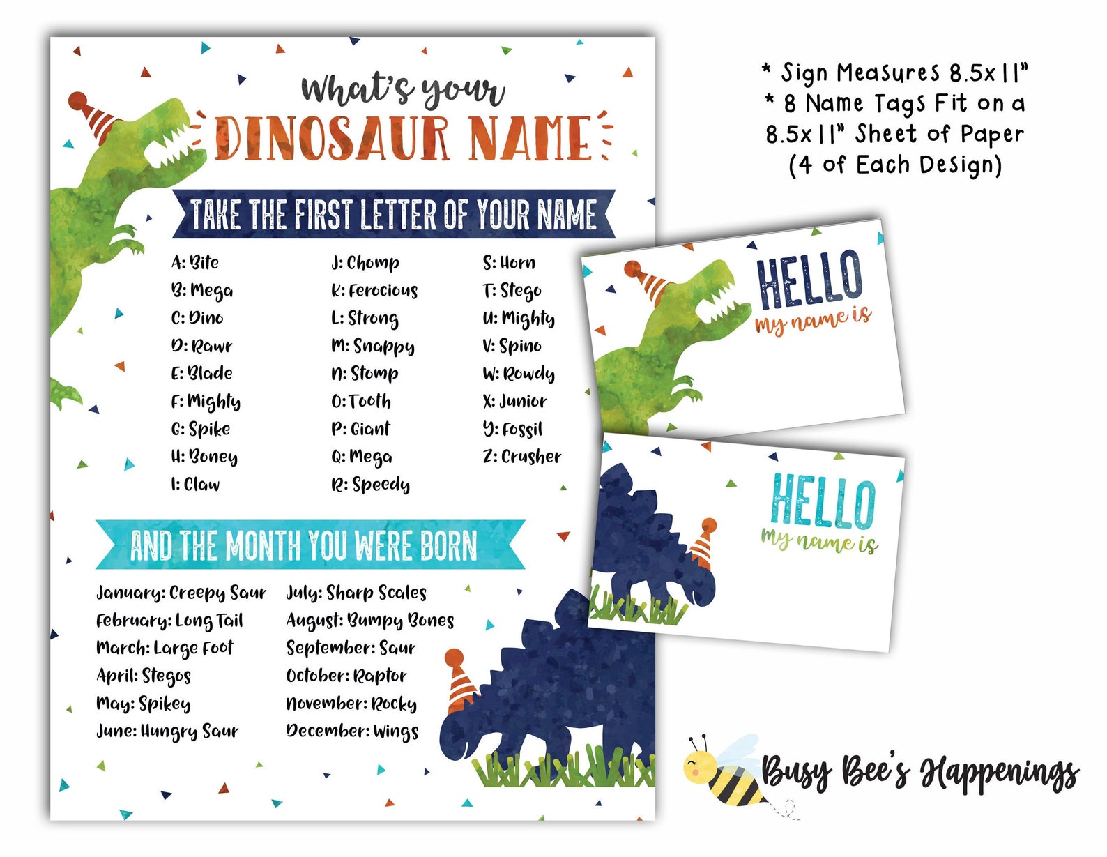Dinosaur Name Game Dinosaur Birthday Games What Is Your Etsy