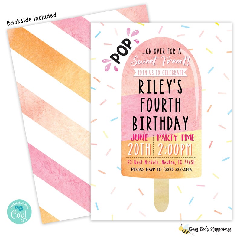 Popsicle Birthday Invitation, Editable Swim Party Invite, Pop On Over Chill With Us Birthday Party, Pink Girl Popsicle Ice Cream Party