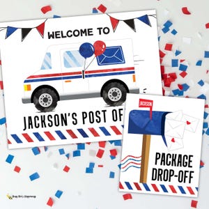 May include: Two white cards with a postal theme. One features a mail truck with balloons and the text "WELCOME TO JACKSON'S POST OF". The other shows a mailbox with the text "PACKAGE DROP-OFF". Red, white, and blue confetti.