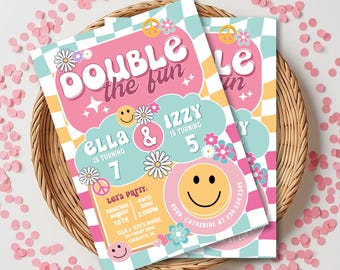 May include: A rectangular birthday invitation card featuring a light blue and white checkered background with pink, yellow, and blue accents. The text reads Double the fun, Ella is turning 7, Izzy is turning 5, and includes party details.