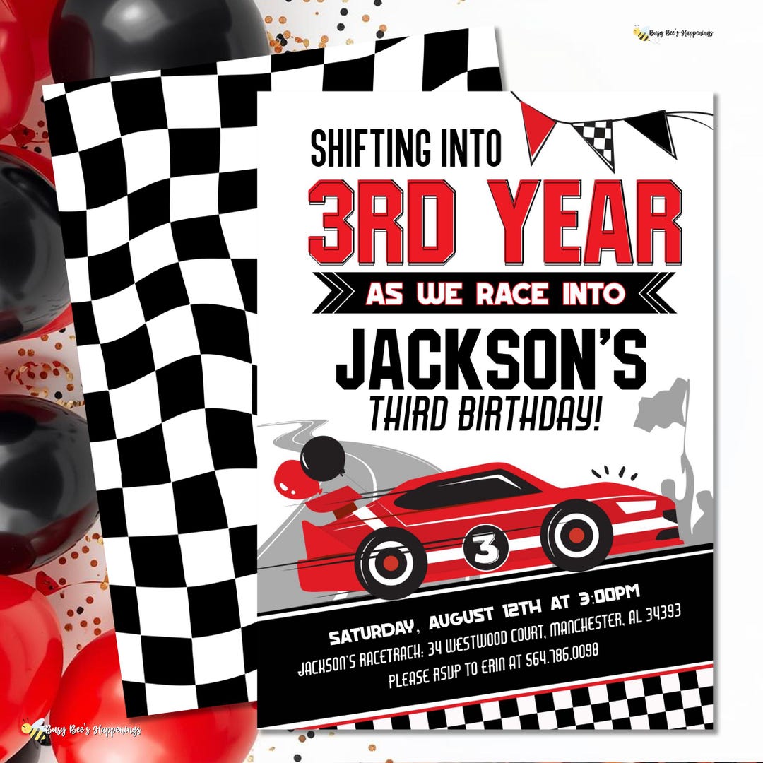 Race Car 3rd Birthday Invitation: Racing 3rd Year Party Invite (digital ...