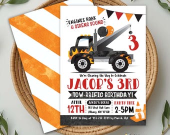 May include: A rectangular birthday invitation card featuring a tow truck graphic with flames, black and orange balloons, and a large red number 3. The text reads: ENGINES ROAR & SIRENS SOUND, JACOB'S 3RD TOW-RRIFIC BIRTHDAY, APRIL 12TH, 2-5PM, and RSVP details.