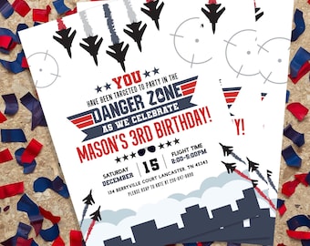 May include: White invitation cards with a Danger Zone theme, featuring fighter jets, stars, and the text "Mason's 3rd Birthday!" The design includes a cityscape, sunglasses, and event details.