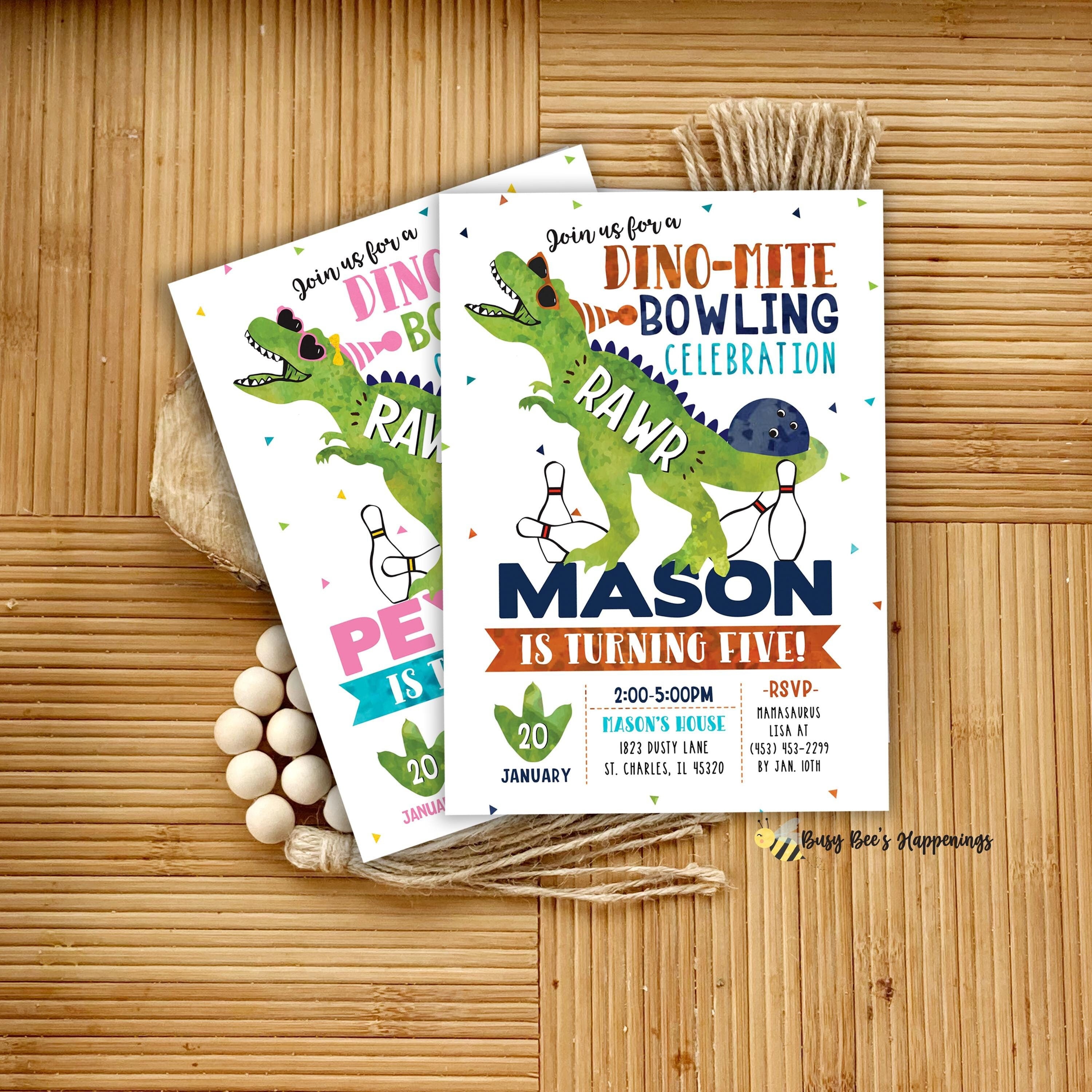 Dinosaur Bowling Birthday Invitation: T-Rex Party (Digital Download) Boy or Girl