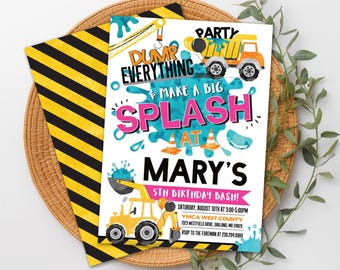 Girl Construction Splash Birthday Invitation, Editable Water Truck Party Invite
