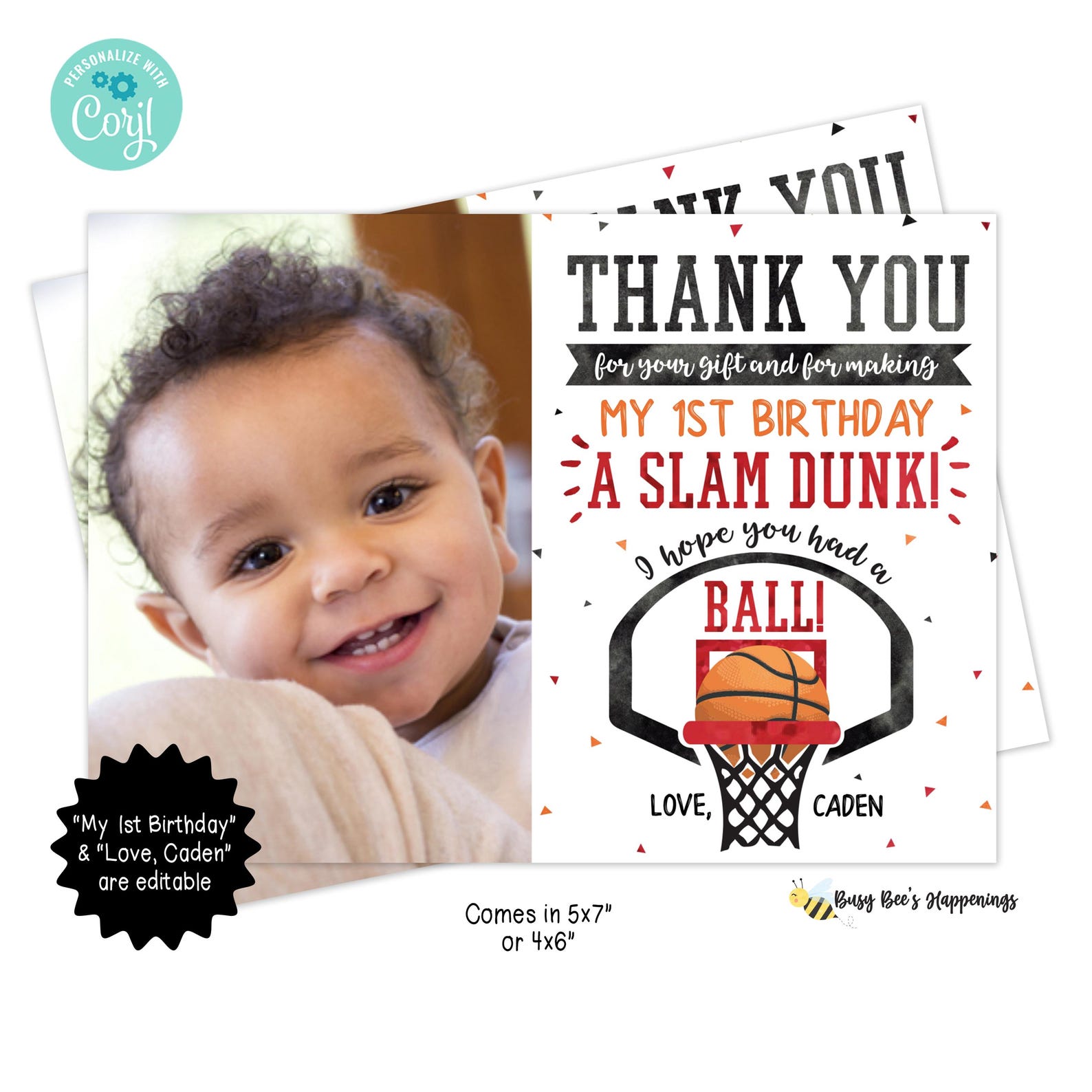 Basketball 1st Birthday Photo Thank You Card: Photo Sports Theme ...