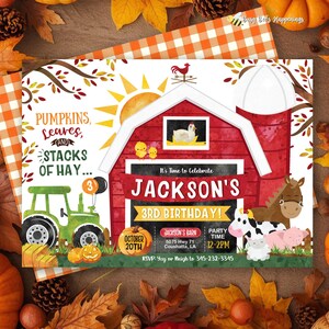 May include: A rectangular birthday invitation card featuring a red barn, a green tractor, and farm animals. Text reads: PUMPKINS, LEAVES, AND STACKS OF HAY, JACKSON'S 3RD BIRTHDAY, OCTOBER 20TH, JACKSON'S BARN, 5075 HWY 71 COUSHATTA, LA, 12-2PM.