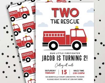 Two the Rescue Firetruck Birthday Invitation: Second Birthday Invite Fire Engine (Digital or Print)
