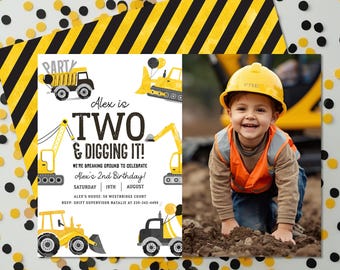 Construction 2nd Birthday Invitation, Two Digging It Party Invite (Digital Download)