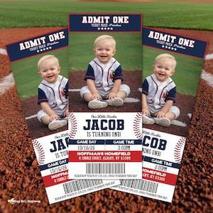 May include: Baseball-themed birthday party invitations featuring a smiling baby in a baseball uniform. The invitations are designed as tickets with the text "ADMIT ONE" and event details, including the name "Jacob".