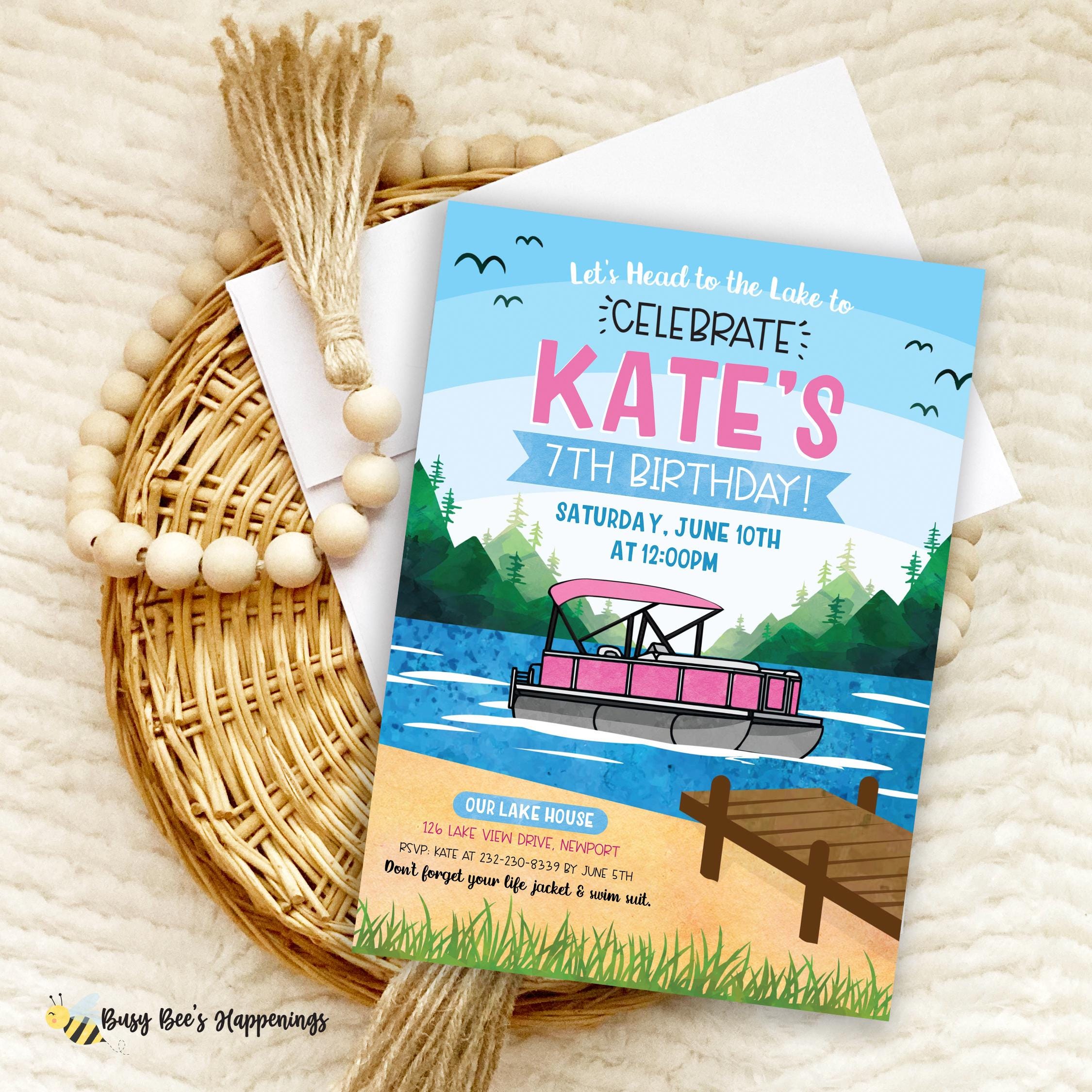 Pink Pontoon Boat Birthday Invitation: Girl Lake Party