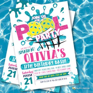 May include: Pool party invitation with a blue and white water background. The invitation features the text "Pool Party" with pickleball graphics. The invitation is for Olivia's 12th birthday bash, with the date August 21.