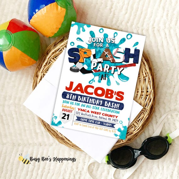 Sports Splash Birthday Invitation, Water Party Invite, All-Star Bash (Editable Template)
