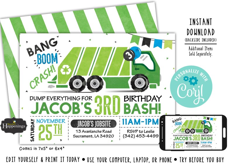 Garbage Truck Invitation Garbage Truck Birthday Invitation Etsy