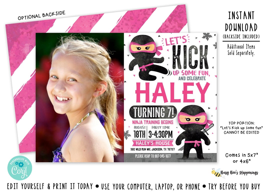Ninja Birthday Invitation Martial Arts Invite Pink Ninja Birthday Ninja