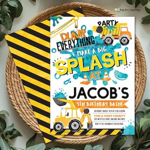 Construction Splash Birthday Invitation: Pool Party, Dump Truck (Editable)