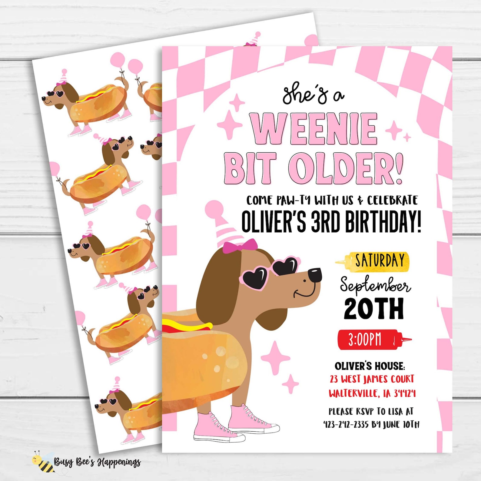 A Weenie Bit Older Hot Dog Birthday Invitation • Pink Weenie, Puppy