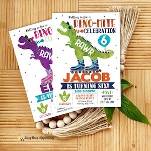 Dinosaur Skating Birthday Party Invitation, Girl Skating Birthday Invite, Boy Dinosaur Roller Blading Invite, t-rex skating birthday Invite