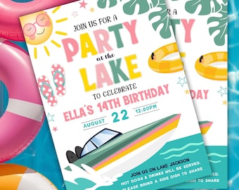Lake Birthday Invitation, Boat Party Invite, Summer Teen Bash (Editable Template)