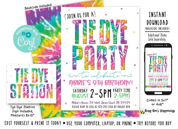 Tie Dye Birthday Invitation Tie-dye Birthday Invitation Tie - Etsy