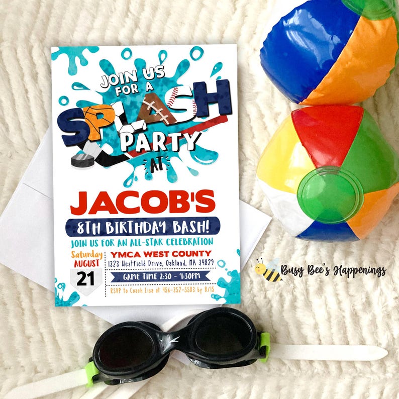 Sports Splash Water Birthday Party Invitation, Sports Splash Party, Outdoor Summer Sports water, Sports Invite, Basketball, Hockey, Baseball