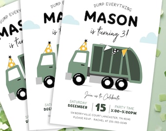 Editable Garbage Truck Birthday Invite: Recycling Trash Truck Party Any Age (Digital or Printed)