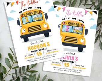 The toddler on the bus is turns two Invite: School Bus birthday Invitation (digital file)