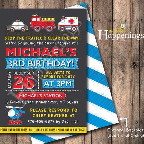 Emergency Vehicles Birthday Party Set Editable Invitation Etsy