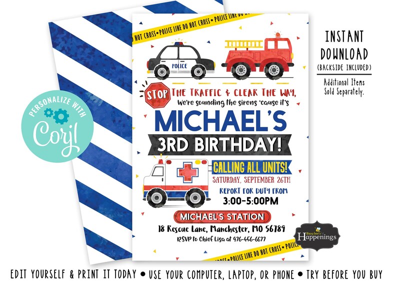 First Responders Birthday Invitation First Responders Invite - Etsy