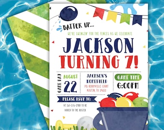 Baseball Water Balloon Birthday Invitation, Backyard Summer Party Invite (Editable)
