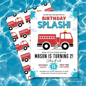 May include: A birthday invitation with a red fire truck graphic and the text "Birthday Splash!" The invitation includes the text "Mason is turning 2!" and event details. A matching patterned design is visible.