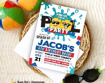 Building Blocks Pool Party Invitation, Editable Summer Birthday Bash Invite