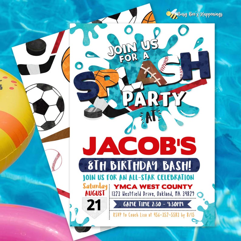 Sports Splash Birthday Invitation, Water Party Invite, All-Star Bash (Editable Template)
