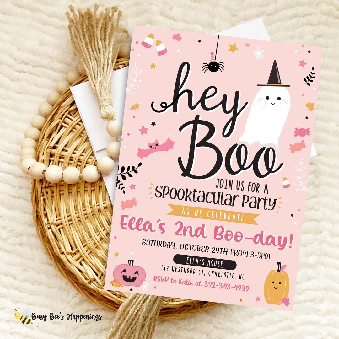 Hey Boo Halloween Birthday Invite Pink Halloween Bday Invite Girl ...
