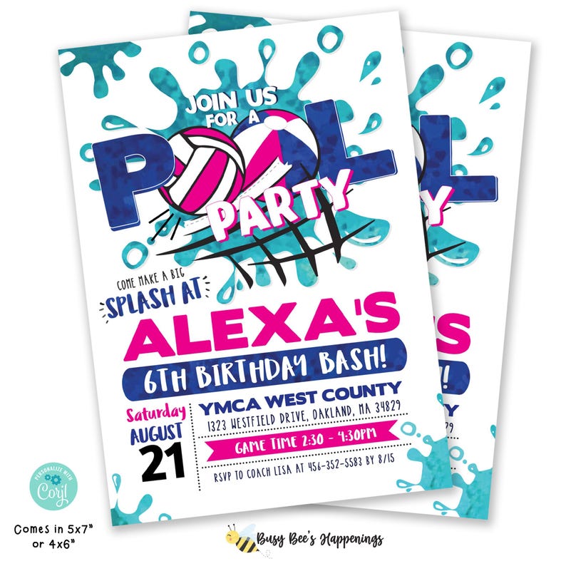 Volleyball Pool Birthday Party Invitation, Pink Editable Water Volleyball Invite, Outdoor Sand Volleyball Pool Party, Girl Sports Invite