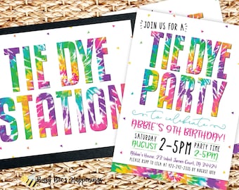 Rainbow Tie Dye Birthday Invitation: Girl Party (Digital File) Station Sign Included