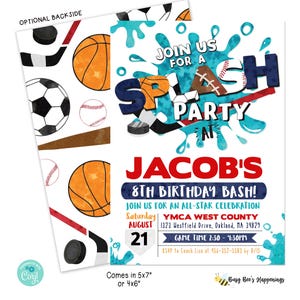 Sports Splash Water Birthday Party Invitation, Sports Splash Party, Outdoor Summer Sports water, Sports Invite, Basketball, Hockey, Baseball