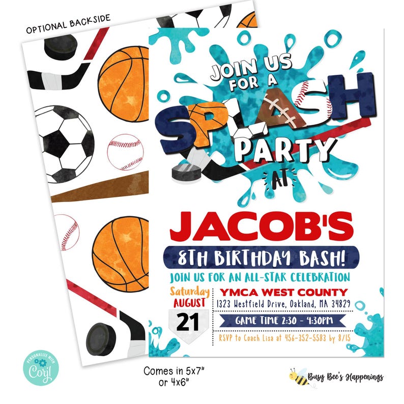 Sports Splash Water Birthday Party Invitation, Sports Splash Party, Outdoor Summer Sports water, Sports Invite, Basketball, Hockey, Baseball
